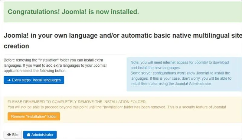 Joomla Installation Summary